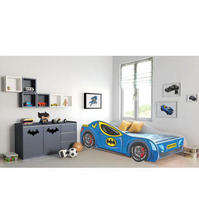 Lit enfant voiture de Batman Batcar bleu avec matelas et sommier inclus