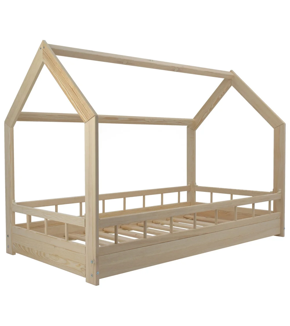 Lit Cabane Maison en Bois Naturel Brut 160x80 cm avec Barreaux : Charme Authentique pour la Chambre d'Enfant