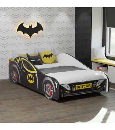 Lit Enfant Voiture Batman Noir – Design Batcar, Batmobile pour Petits Héros matelas et sommier inclus