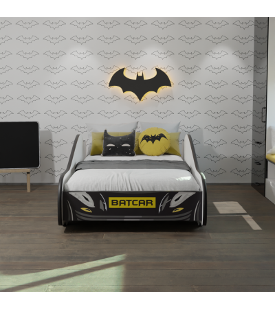 Lit Enfant Voiture Batman Noir – Design Batcar, Batmobile pour Petits Héros matelas et sommier inclus