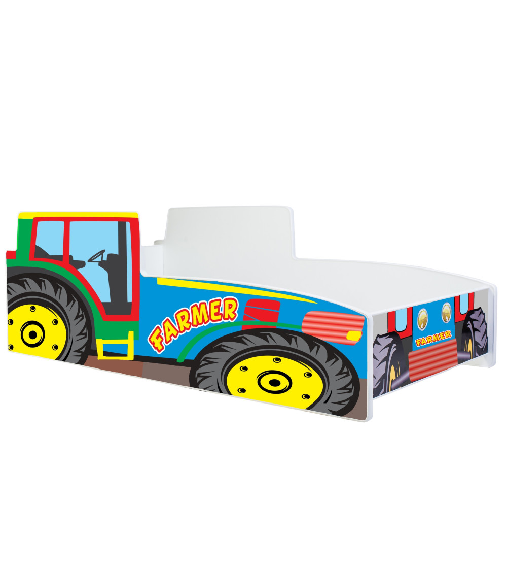 Lit enfant tracteur coloré avec matelas et sommier inclus