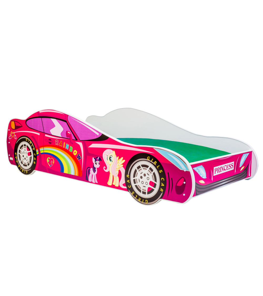 Lit enfant voiture licorne rose avec matelas et sommier inclus