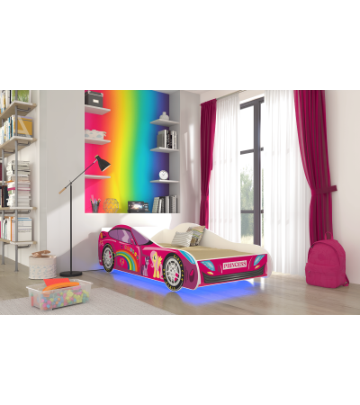 Lit enfant voiture licorne rose avec matelas et sommier inclus