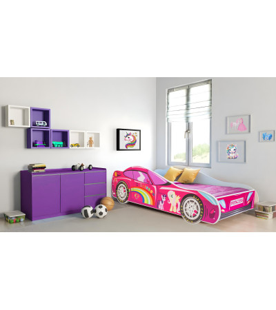 Lit enfant voiture licorne rose avec matelas et sommier inclus