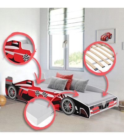 Lit enfant voiture formula 1 rouge et noir avec matelas et sommier inclus