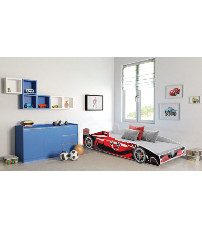 Lit enfant voiture formula 1 rouge et noir avec matelas et sommier inclus