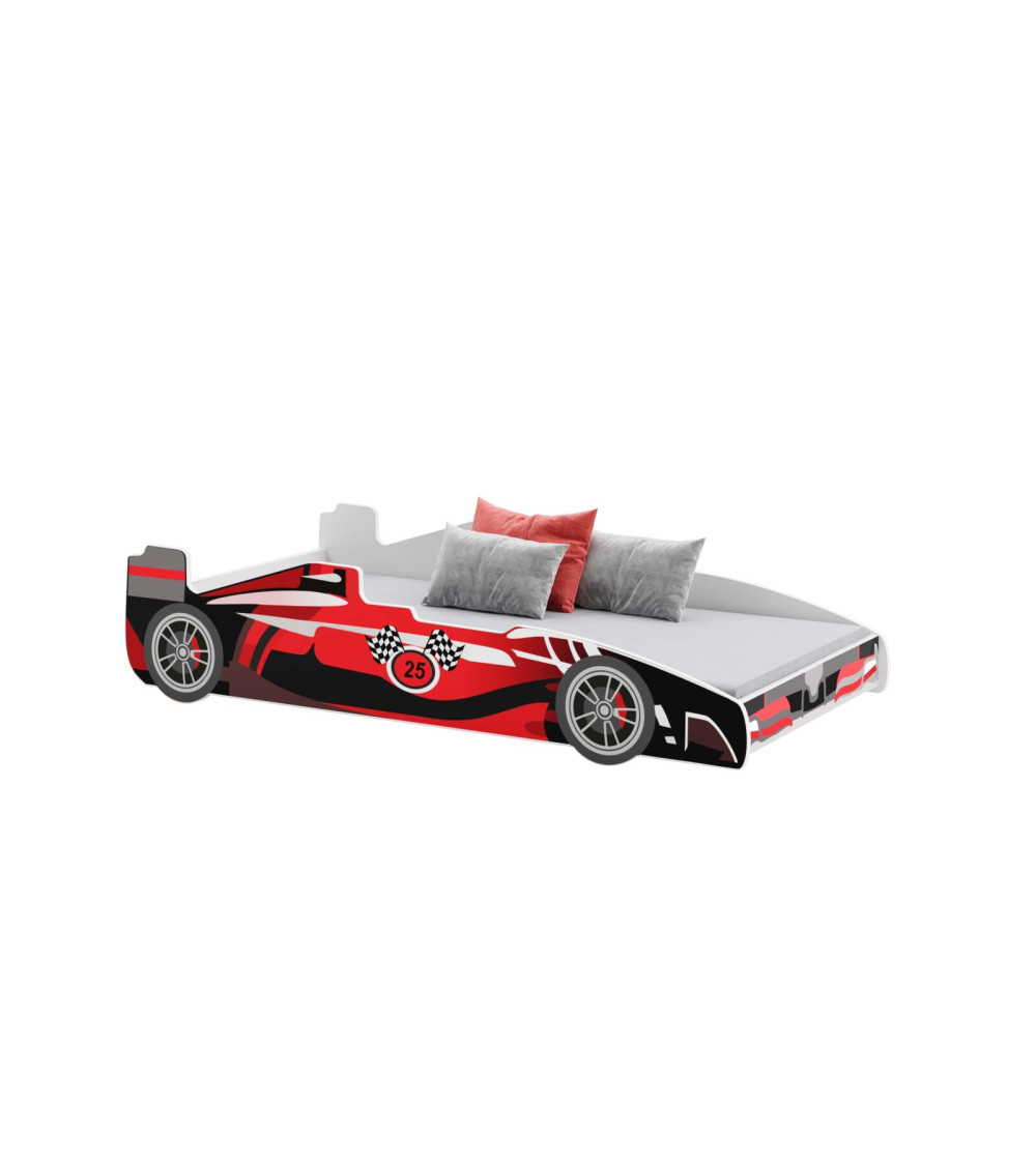 Lit enfant voiture formula 1 rouge et noir avec matelas et sommier inclus