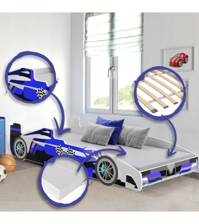 Lit enfant voiture formula 1 bleu et noir avec matelas et sommier inclus