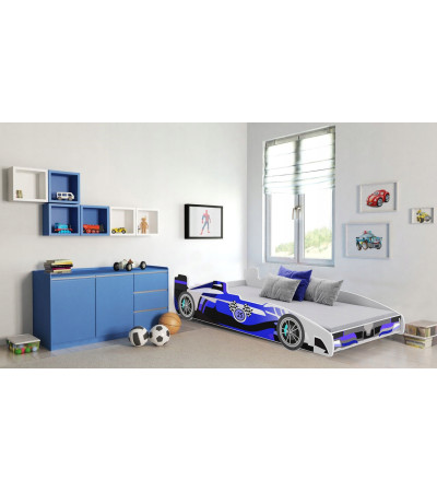 Lit enfant voiture formula 1 bleu et noir avec matelas et sommier inclus