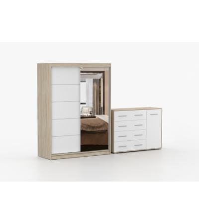 Ensemble armoire Vaiana et commode Ilario Chêne - Blanc avec miroir