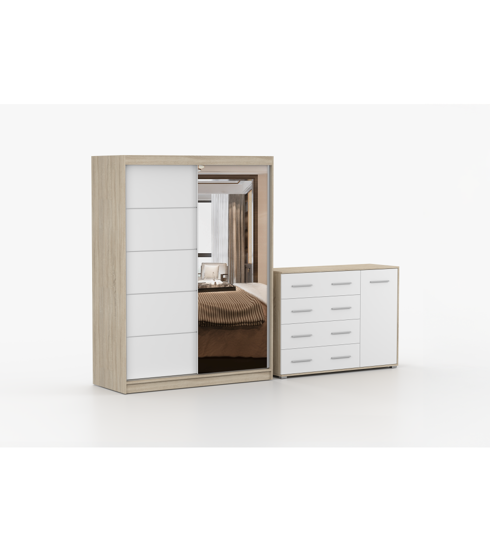 Ensemble armoire Vaiana et commode Ilario Chêne - Blanc avec miroir