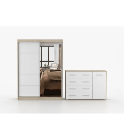 Ensemble armoire Vaiana et commode Ilario Chêne - Blanc avec miroir