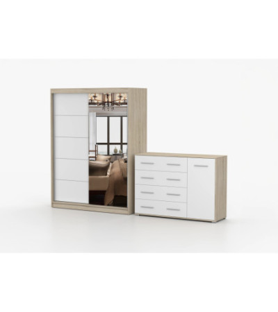 Ensemble armoire Vaiana et commode Ilario Chêne - Blanc avec miroir