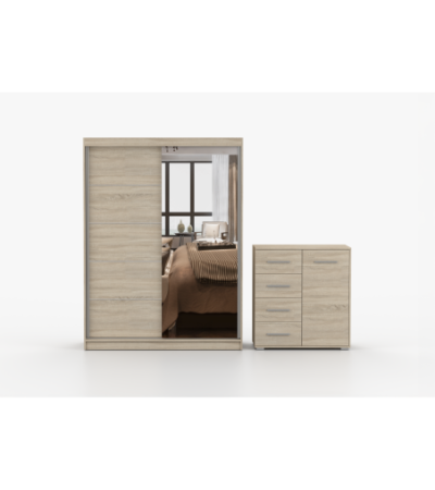 Ensemble armoire Vaiana et commode Ilario Chêne - Blanc avec miroir