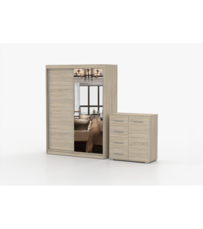 Ensemble armoire Vaiana et commode Ilario Chêne - Blanc avec miroir