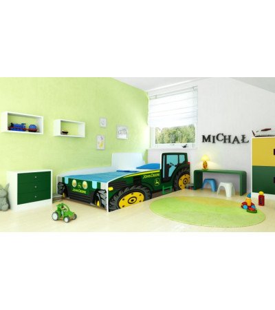Lit enfant tracteur vert avec matelas et sommier inclus